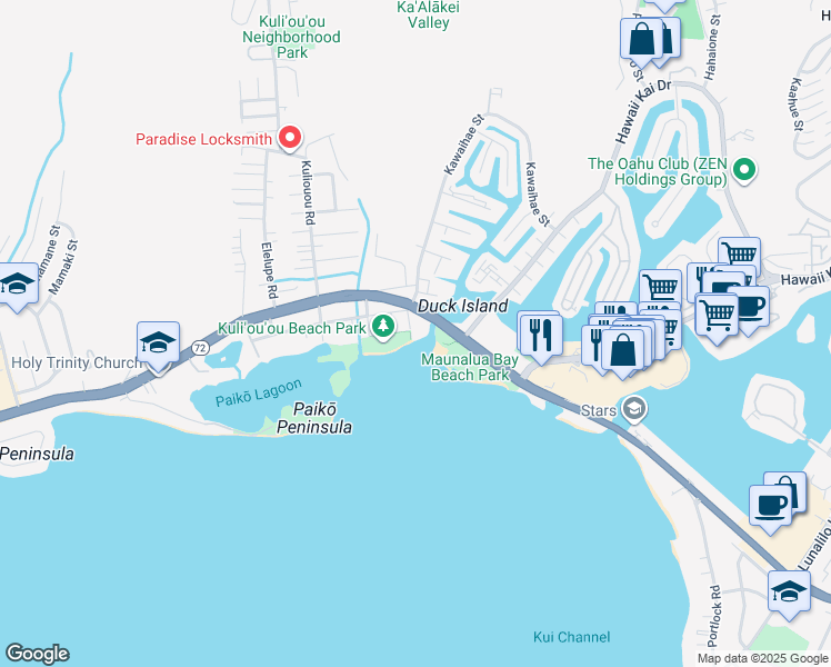 map of restaurants, bars, coffee shops, grocery stores, and more near 123B Maunalua Avenue in Honolulu