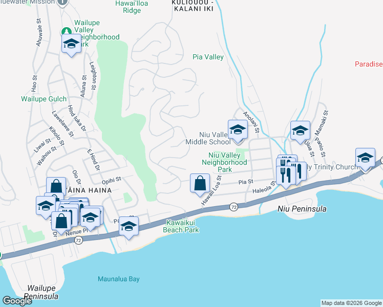 map of restaurants, bars, coffee shops, grocery stores, and more near 482 Maono Loop in Honolulu