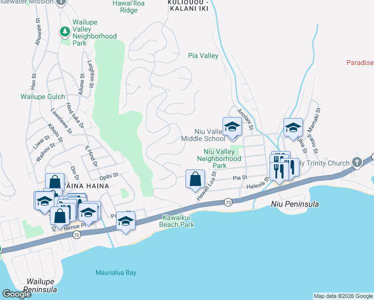 map of restaurants, bars, coffee shops, grocery stores, and more near 482 Maono Loop in Honolulu