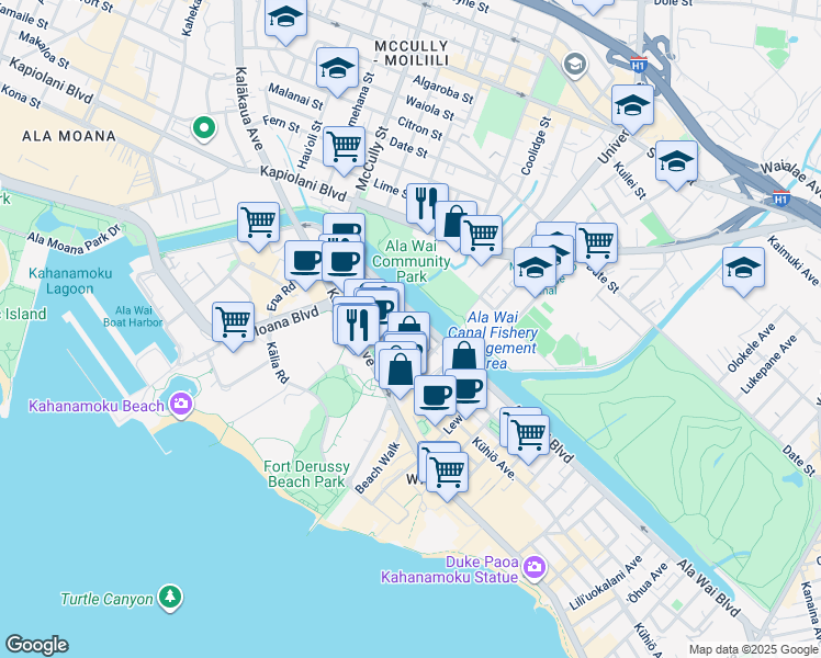 map of restaurants, bars, coffee shops, grocery stores, and more near 2055 Ala Wai Boulevard in Honolulu
