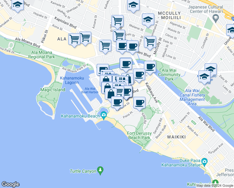 map of restaurants, bars, coffee shops, grocery stores, and more near 1804 Ala Moana Boulevard in Honolulu