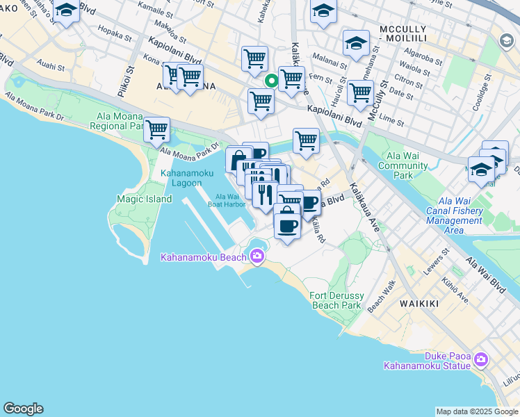 map of restaurants, bars, coffee shops, grocery stores, and more near 1775 Ala Moana Boulevard in Honolulu