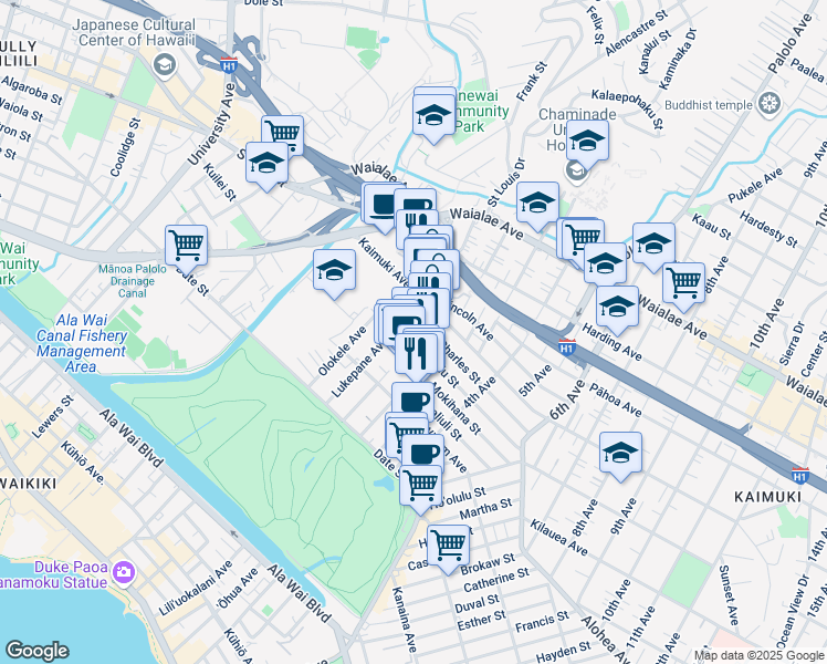 map of restaurants, bars, coffee shops, grocery stores, and more near 910 Kapahulu Avenue in Honolulu