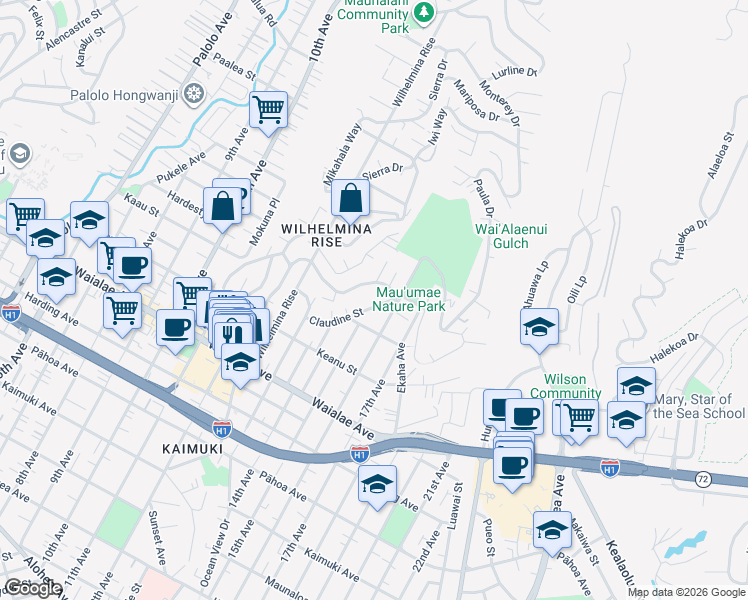 map of restaurants, bars, coffee shops, grocery stores, and more near 3840 Claudine Street in Honolulu