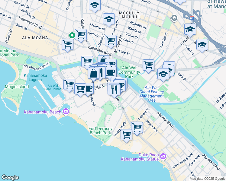 map of restaurants, bars, coffee shops, grocery stores, and more near Kalakaua Ave & Keoniana St in Honolulu