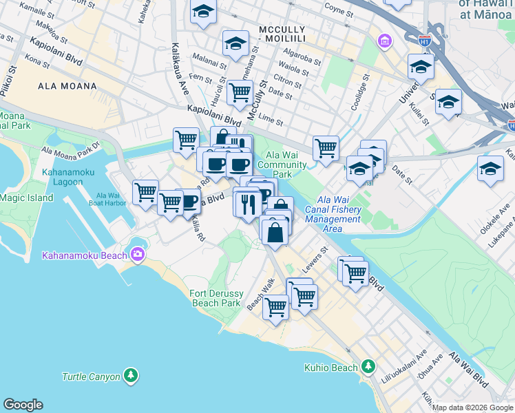 map of restaurants, bars, coffee shops, grocery stores, and more near 416 Kuamo'o Street in Honolulu