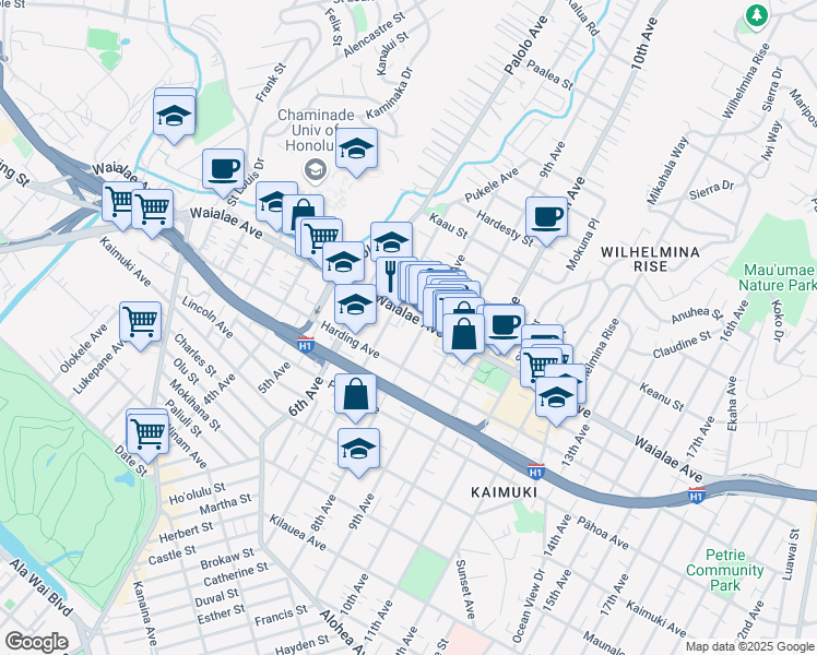 map of restaurants, bars, coffee shops, grocery stores, and more near 3353 Waialae Avenue in Honolulu
