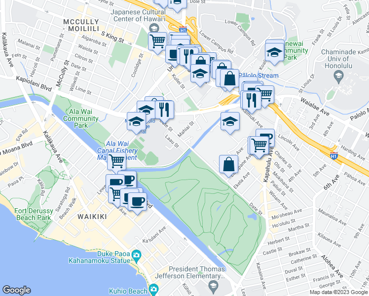 map of restaurants, bars, coffee shops, grocery stores, and more near 2637 Date Street in Honolulu