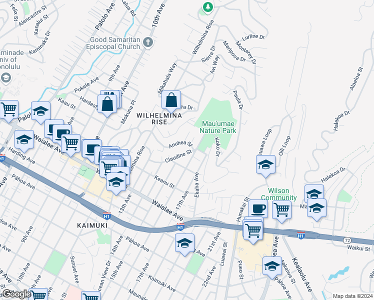 map of restaurants, bars, coffee shops, grocery stores, and more near 3840 Claudine Street in Honolulu