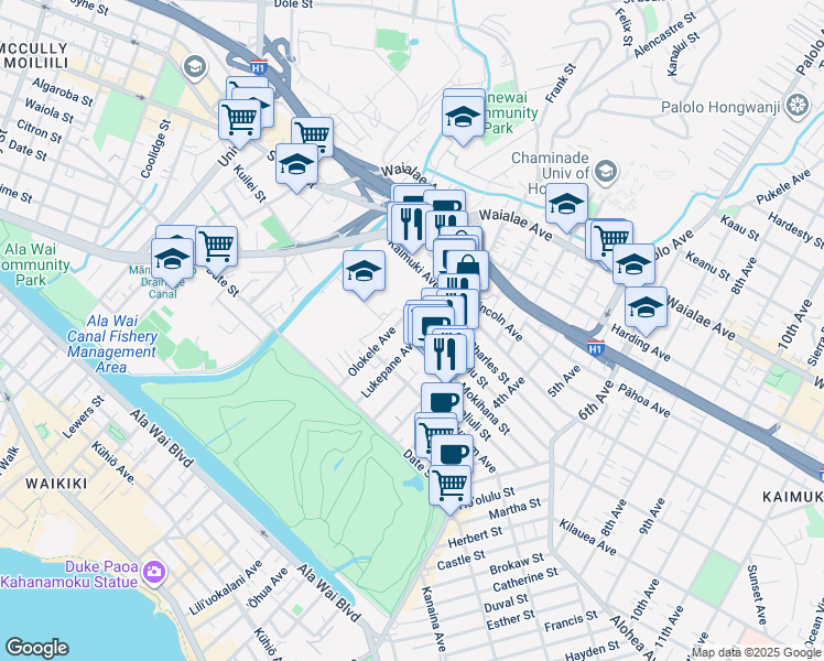 map of restaurants, bars, coffee shops, grocery stores, and more near 2818 Leialoha Avenue in Honolulu