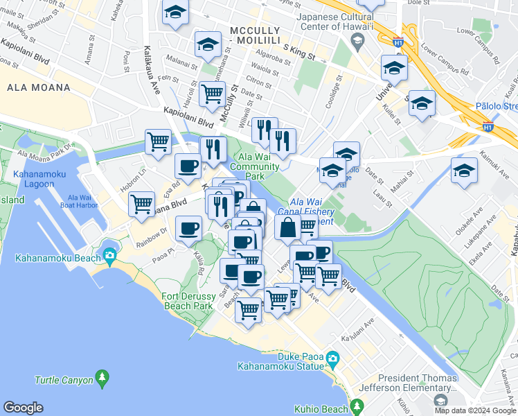 map of restaurants, bars, coffee shops, grocery stores, and more near 2055 Ala Wai Boulevard in Honolulu