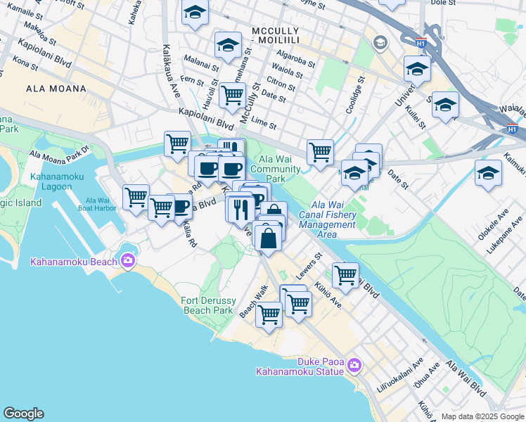map of restaurants, bars, coffee shops, grocery stores, and more near in Honolulu