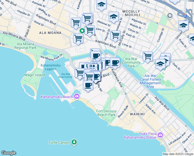 map of restaurants, bars, coffee shops, grocery stores, and more near 1860 Ala Moana Boulevard in Honolulu