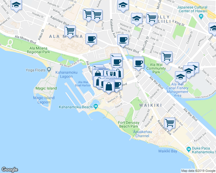 map of restaurants, bars, coffee shops, grocery stores, and more near 1804 Ala Moana Boulevard in Honolulu