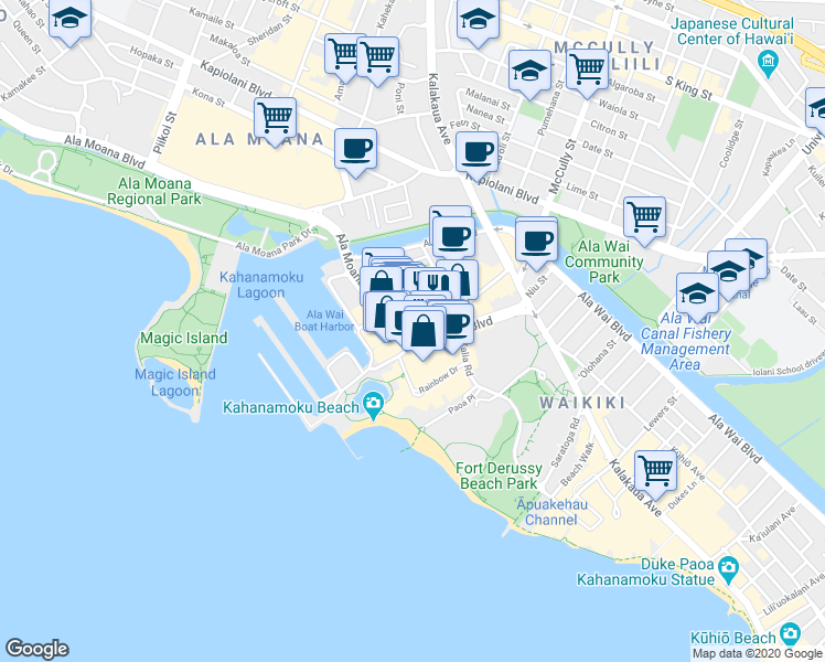 map of restaurants, bars, coffee shops, grocery stores, and more near 1804 Ala Moana Boulevard in Honolulu