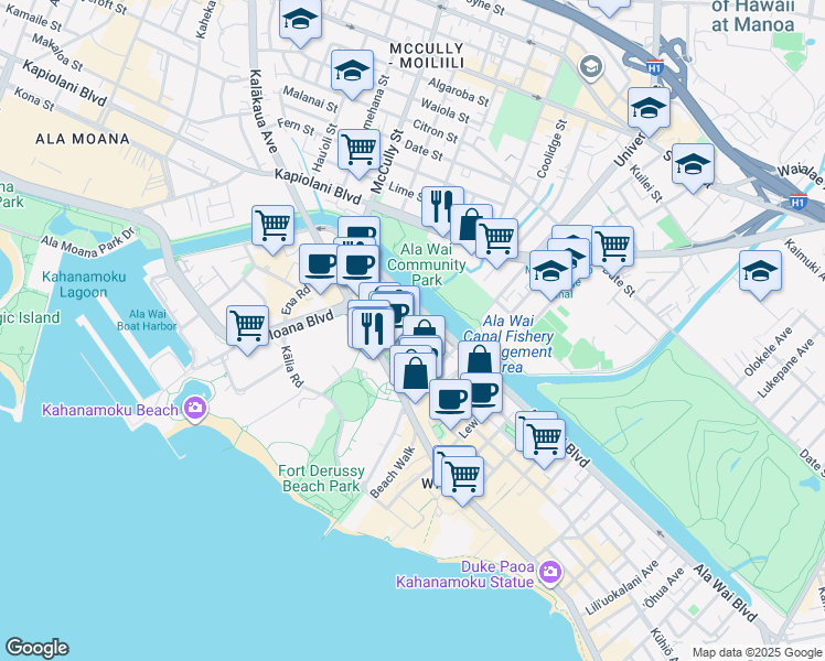 map of restaurants, bars, coffee shops, grocery stores, and more near 2055 Ala Wai Boulevard in Honolulu