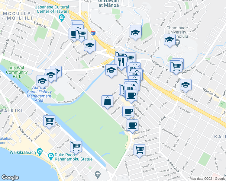 map of restaurants, bars, coffee shops, grocery stores, and more near 826 Olokele Avenue in Honolulu