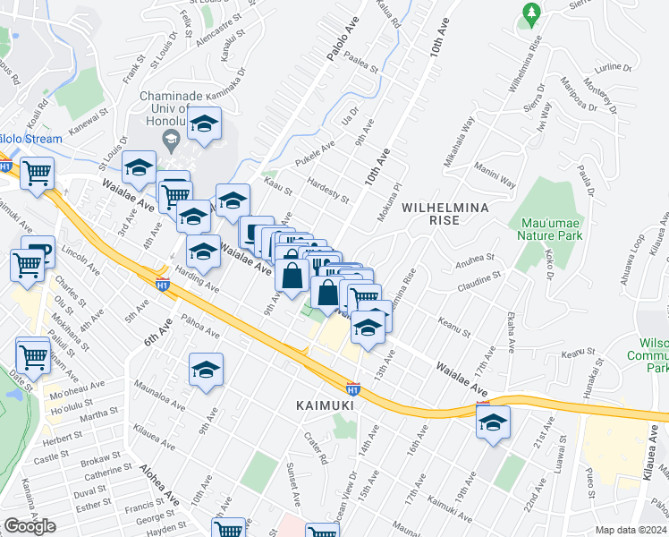 map of restaurants, bars, coffee shops, grocery stores, and more near 3513 Keanu Street in Honolulu