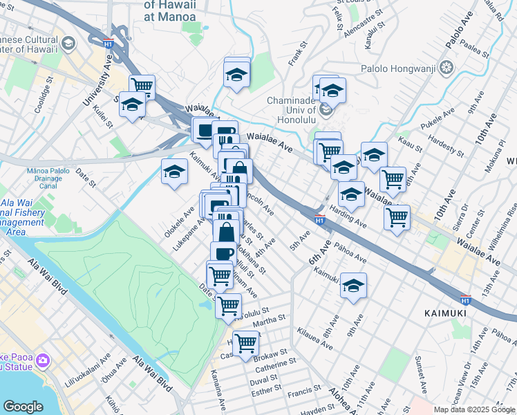 map of restaurants, bars, coffee shops, grocery stores, and more near 922 Belser Street in Honolulu