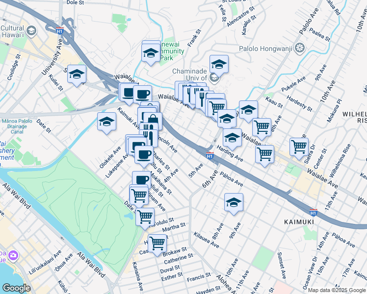 map of restaurants, bars, coffee shops, grocery stores, and more near 3160 Pāhoa Avenue in Honolulu