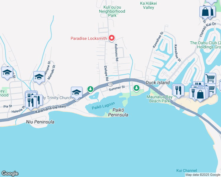 map of restaurants, bars, coffee shops, grocery stores, and more near 6042B Summer Street in Honolulu