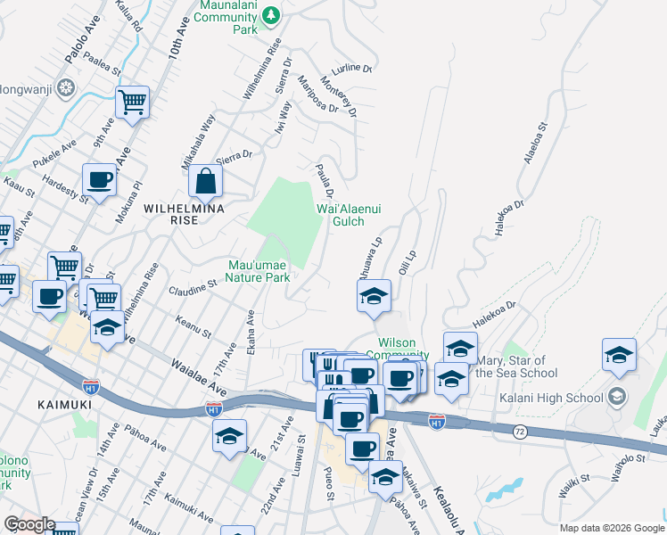 map of restaurants, bars, coffee shops, grocery stores, and more near 1603A Paula Drive in Honolulu