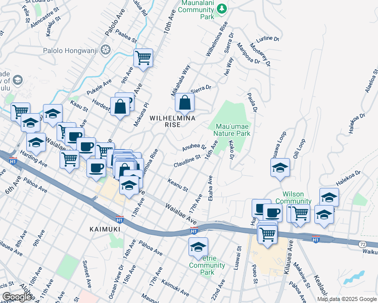 map of restaurants, bars, coffee shops, grocery stores, and more near 3840 Claudine Street in Honolulu