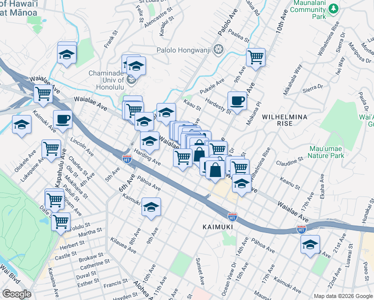 map of restaurants, bars, coffee shops, grocery stores, and more near 3412 Waialae Avenue in Honolulu