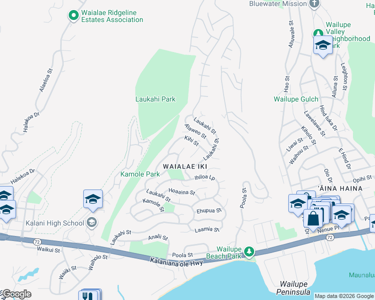 map of restaurants, bars, coffee shops, grocery stores, and more near 1819 Kumakani Place in Honolulu