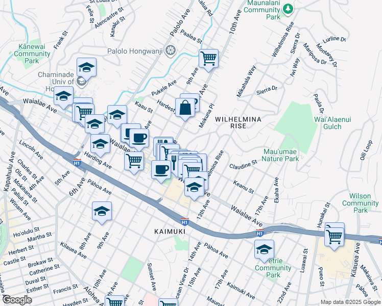 map of restaurants, bars, coffee shops, grocery stores, and more near 1315 Highview Place in Honolulu