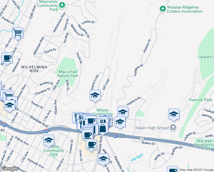 map of restaurants, bars, coffee shops, grocery stores, and more near 1495 Oili Loop in Honolulu