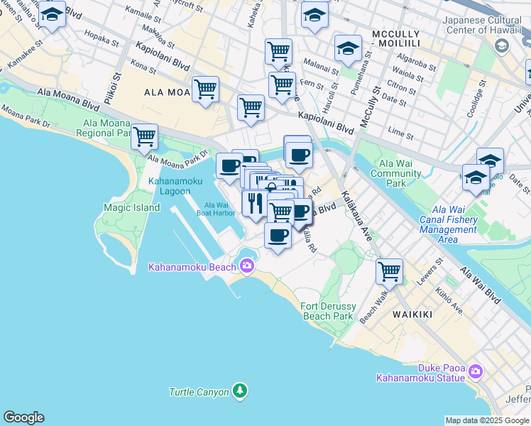 map of restaurants, bars, coffee shops, grocery stores, and more near 1804 Ala Moana Boulevard in Honolulu