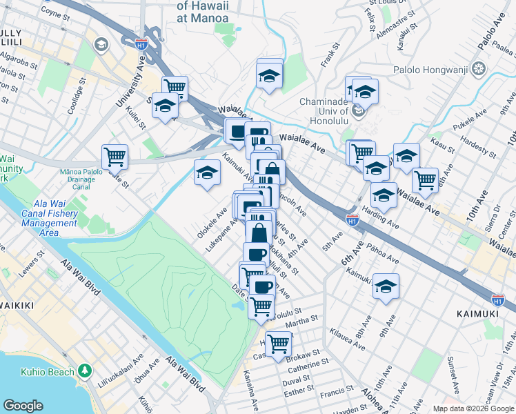 map of restaurants, bars, coffee shops, grocery stores, and more near 932 Kapahulu Avenue in Honolulu