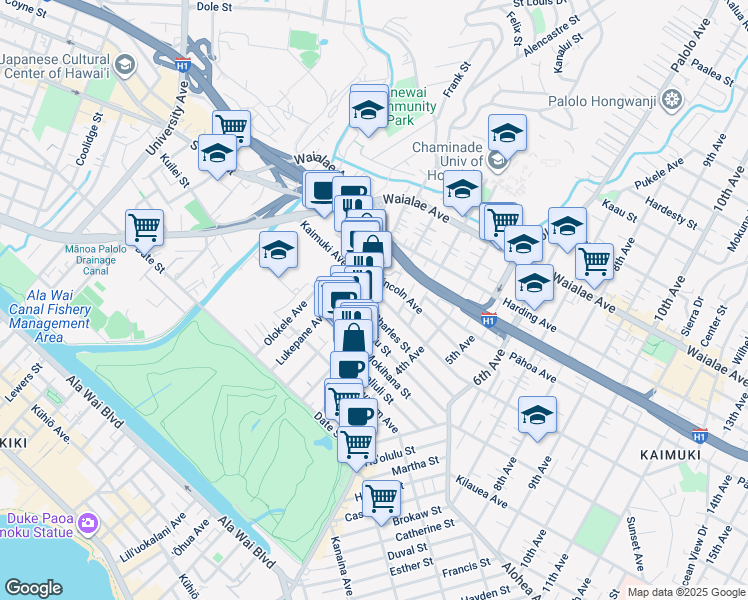 map of restaurants, bars, coffee shops, grocery stores, and more near 3023 Kaimuki Avenue in Honolulu