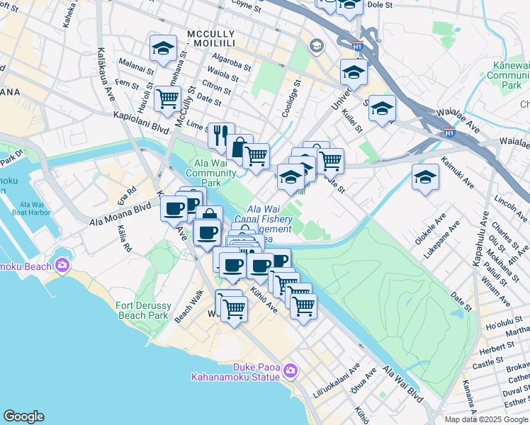 map of restaurants, bars, coffee shops, grocery stores, and more near 503 Kamoku Street in Honolulu