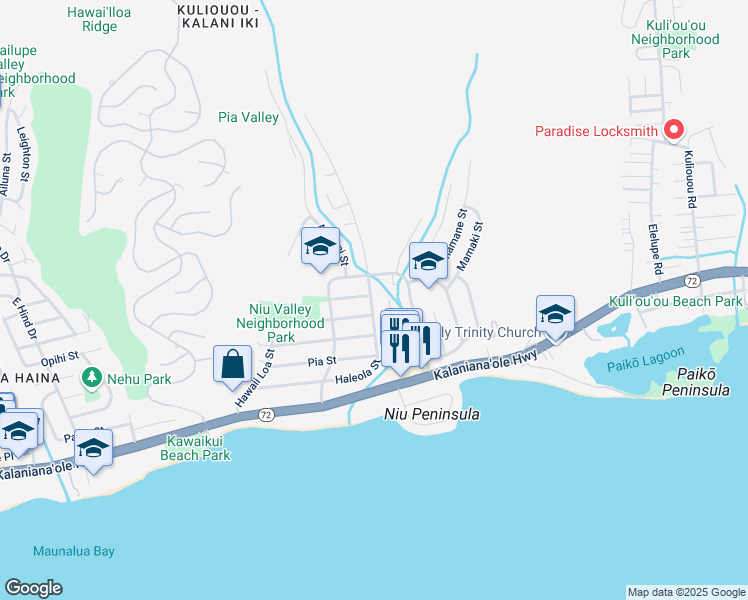 map of restaurants, bars, coffee shops, grocery stores, and more near 5779 Haleola Street in Honolulu