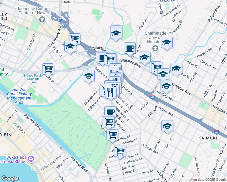 map of restaurants, bars, coffee shops, grocery stores, and more near 932 Kapahulu Avenue in Honolulu