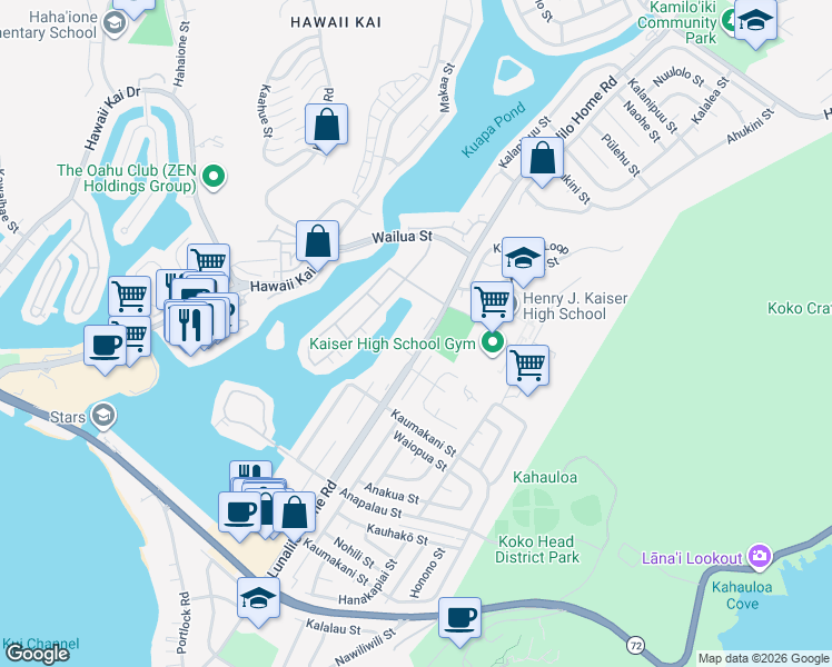 map of restaurants, bars, coffee shops, grocery stores, and more near 500 Lunalilo Home Road in Honolulu