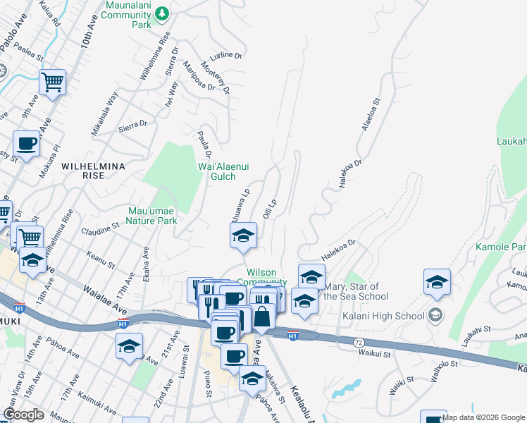 map of restaurants, bars, coffee shops, grocery stores, and more near 1486 Oili Loop in Honolulu