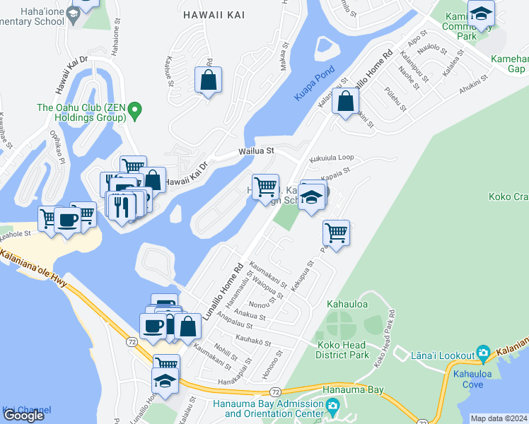 map of restaurants, bars, coffee shops, grocery stores, and more near 500 Lunalilo Home Road in Honolulu
