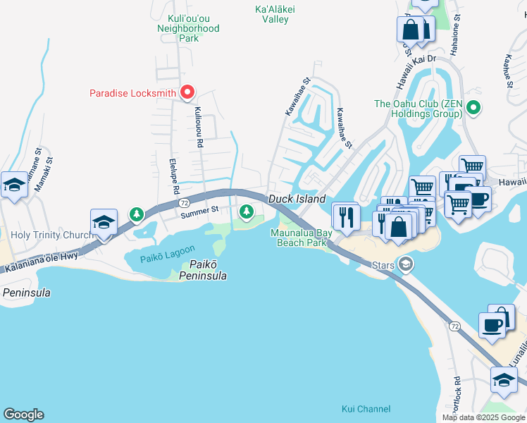 map of restaurants, bars, coffee shops, grocery stores, and more near 123B Maunalua Avenue in Honolulu