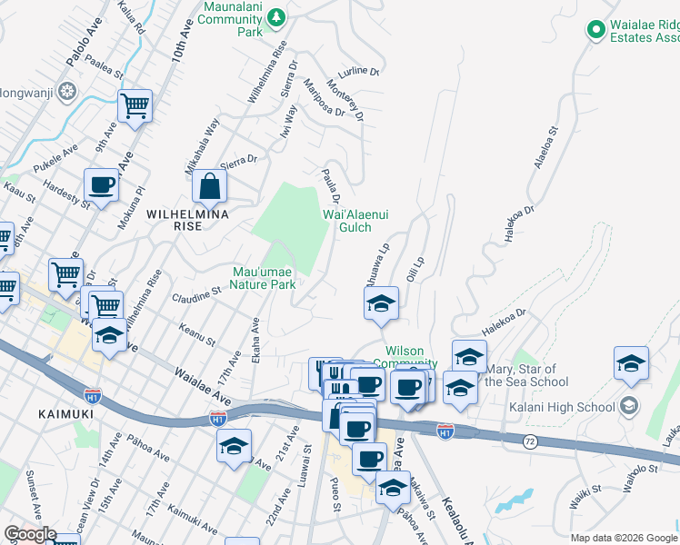 map of restaurants, bars, coffee shops, grocery stores, and more near 1603A Paula Drive in Honolulu