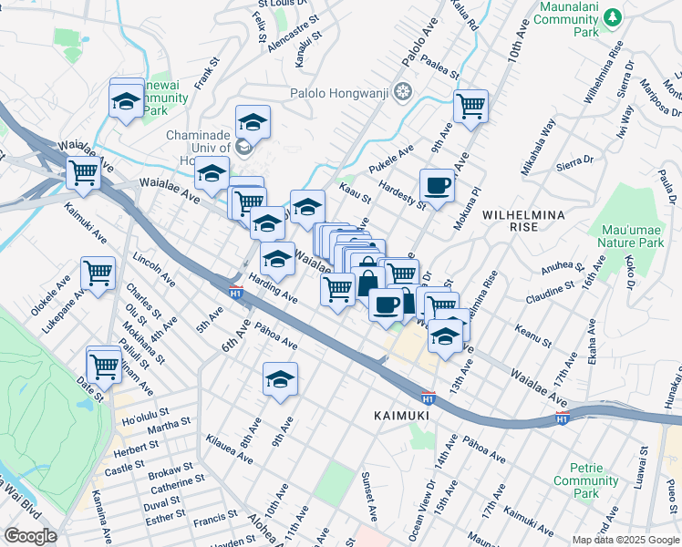 map of restaurants, bars, coffee shops, grocery stores, and more near 3412 Waialae Avenue in Honolulu