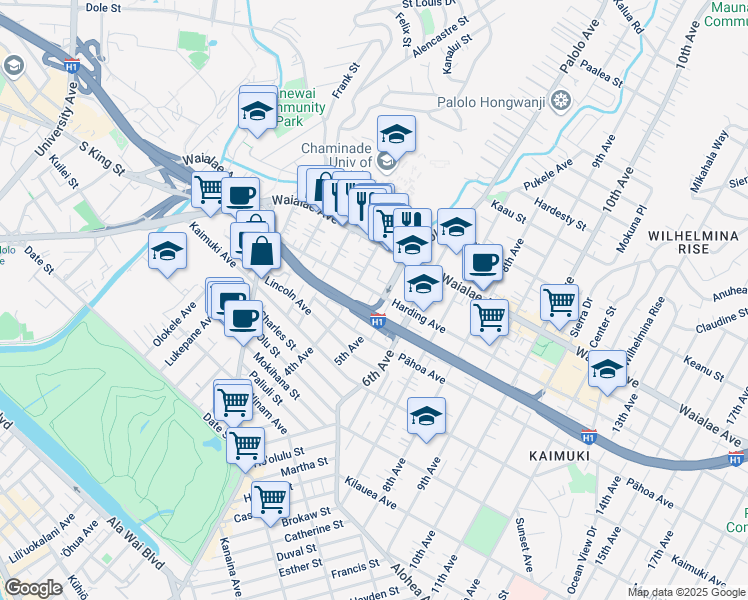 map of restaurants, bars, coffee shops, grocery stores, and more near 1043 4th Avenue in Honolulu