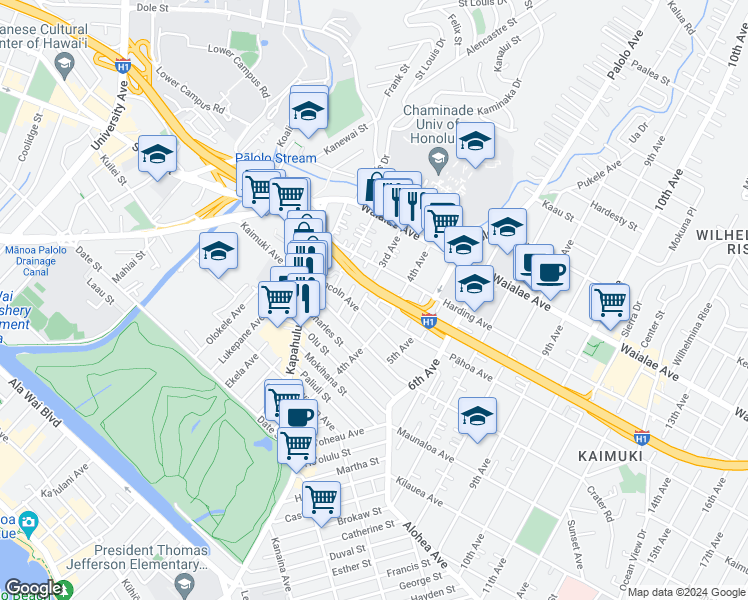 map of restaurants, bars, coffee shops, grocery stores, and more near 3160 Pāhoa Avenue in Honolulu