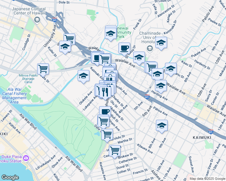 map of restaurants, bars, coffee shops, grocery stores, and more near 932 Kapahulu Avenue in Honolulu
