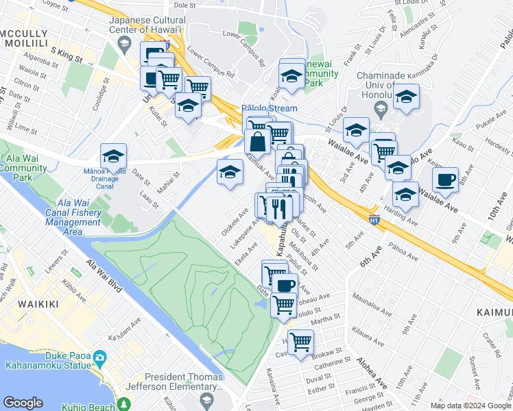 map of restaurants, bars, coffee shops, grocery stores, and more near 2818 Leialoha Avenue in Honolulu