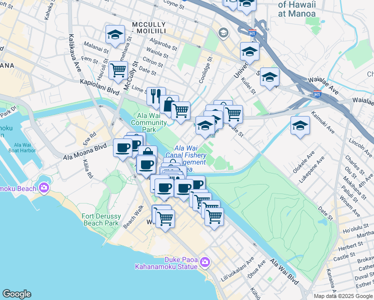 map of restaurants, bars, coffee shops, grocery stores, and more near 503 Kamoku Street in Honolulu