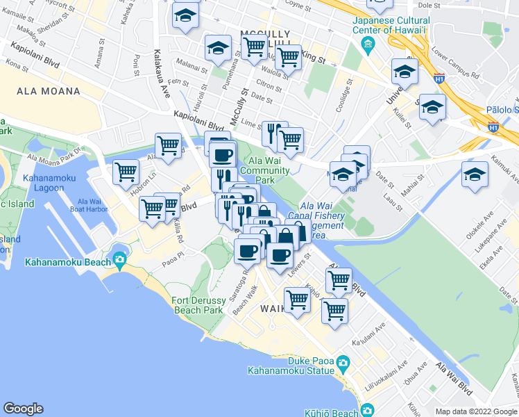 map of restaurants, bars, coffee shops, grocery stores, and more near 2055 Ala Wai Boulevard in Honolulu