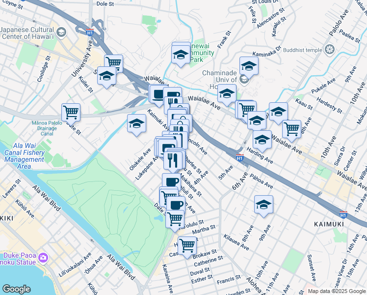 map of restaurants, bars, coffee shops, grocery stores, and more near 3023 Kaimuki Avenue in Honolulu